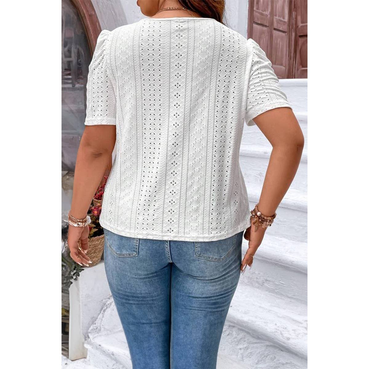 Plus Size Solid Hollow Out Puff Sleeves Shirt - MVTFASHION.COM