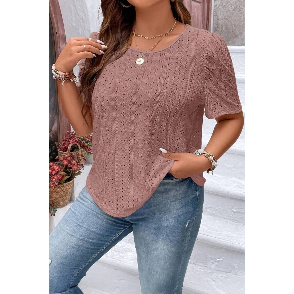 Plus Size Solid Hollow Out Puff Sleeves Shirt - MVTFASHION.COM