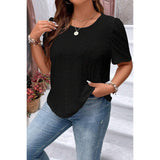 Plus Size Solid Hollow Out Puff Sleeves Shirt - MVTFASHION.COM