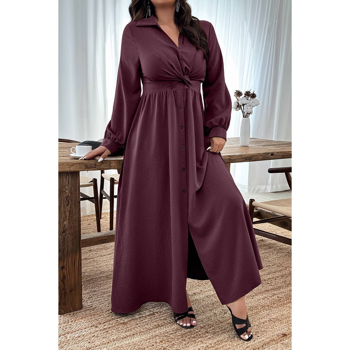 Plus Size Solid Minimalist Button Full Fit Dress - MVTFASHION.COM