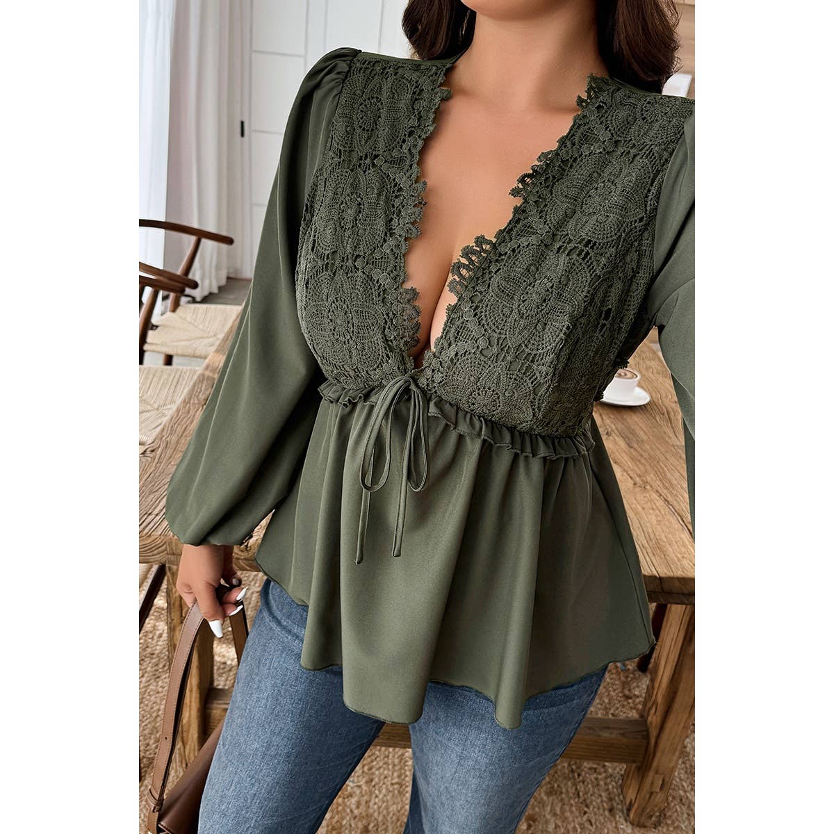 Plus Size Solid V Neck Lace Patchwork Shirt - MVTFASHION.COM