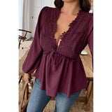 Plus Size Solid V Neck Lace Patchwork Shirt - MVTFASHION.COM