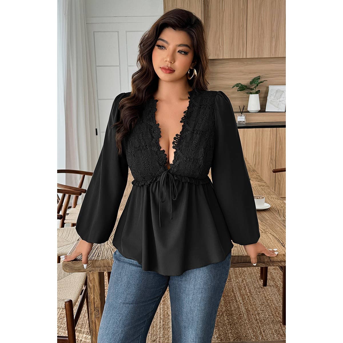 Plus Size Solid V Neck Lace Patchwork Shirt - MVTFASHION.COM