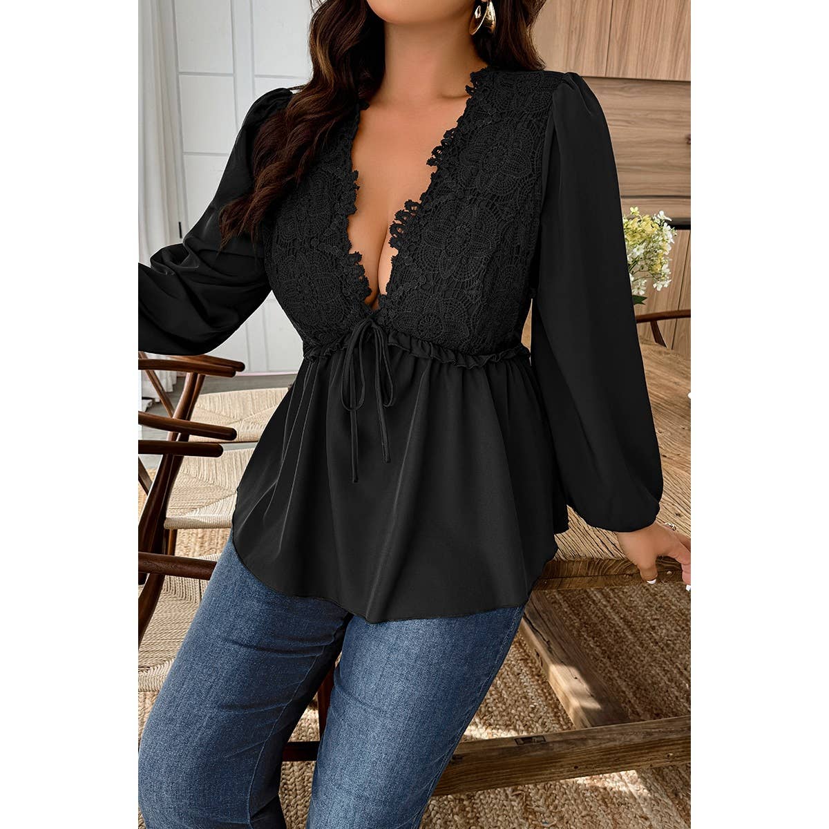 Plus Size Solid V Neck Lace Patchwork Shirt - MVTFASHION.COM