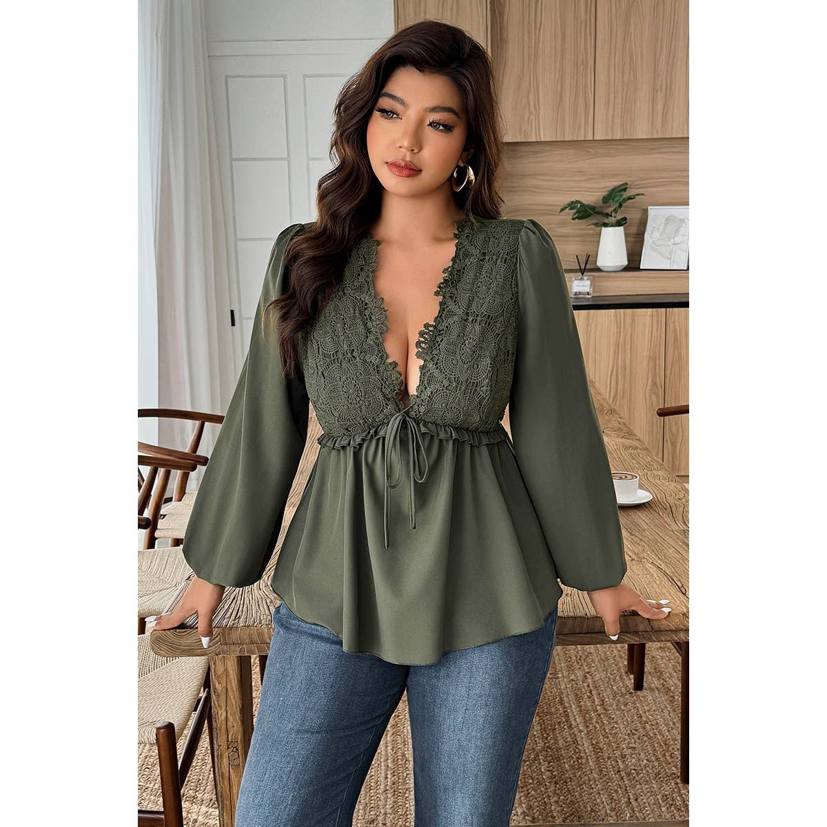 Plus Size Solid V Neck Lace Patchwork Shirt - MVTFASHION.COM
