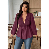 Plus Size Solid V Neck Lace Patchwork Shirt - MVTFASHION.COM