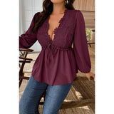 Plus Size Solid V Neck Lace Patchwork Shirt - MVTFASHION.COM