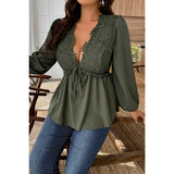 Plus Size Solid V Neck Lace Patchwork Shirt - MVTFASHION.COM