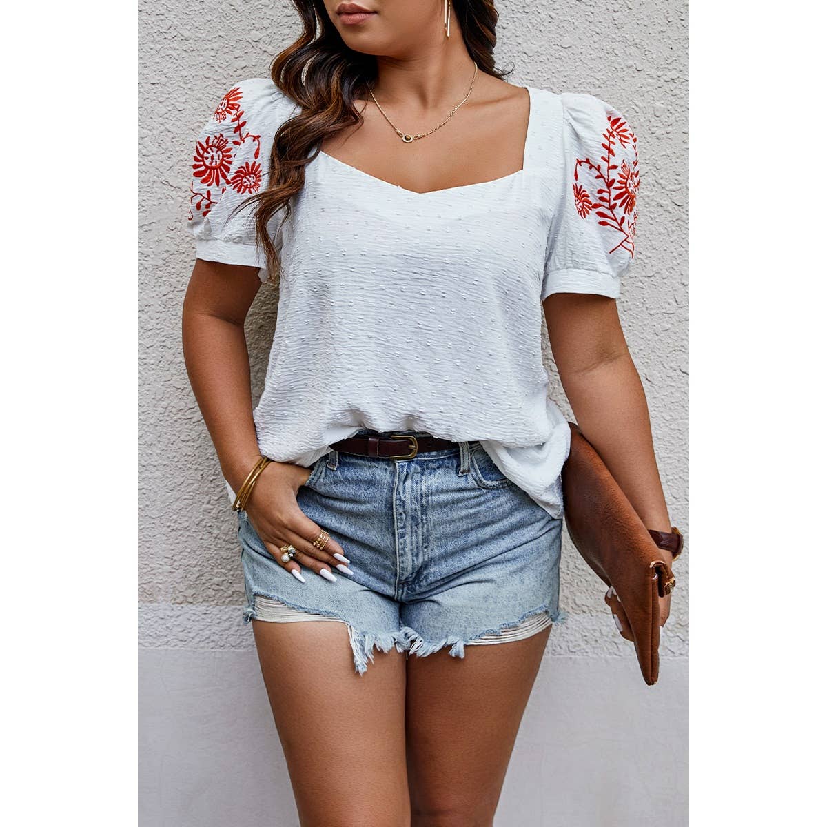 Plus Size Square Neck Floral Puff Sleeve Shirt - MVTFASHION.COM