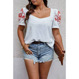 Plus Size Square Neck Floral Puff Sleeve Shirt - MVTFASHION.COM