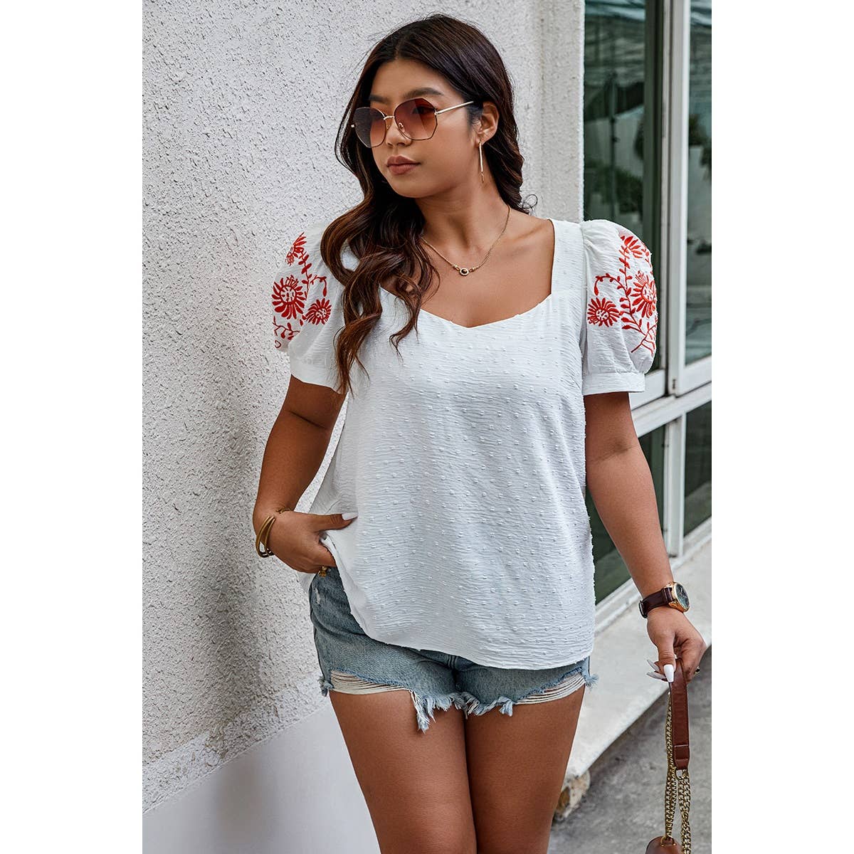 Plus Size Square Neck Floral Puff Sleeve Shirt - MVTFASHION.COM