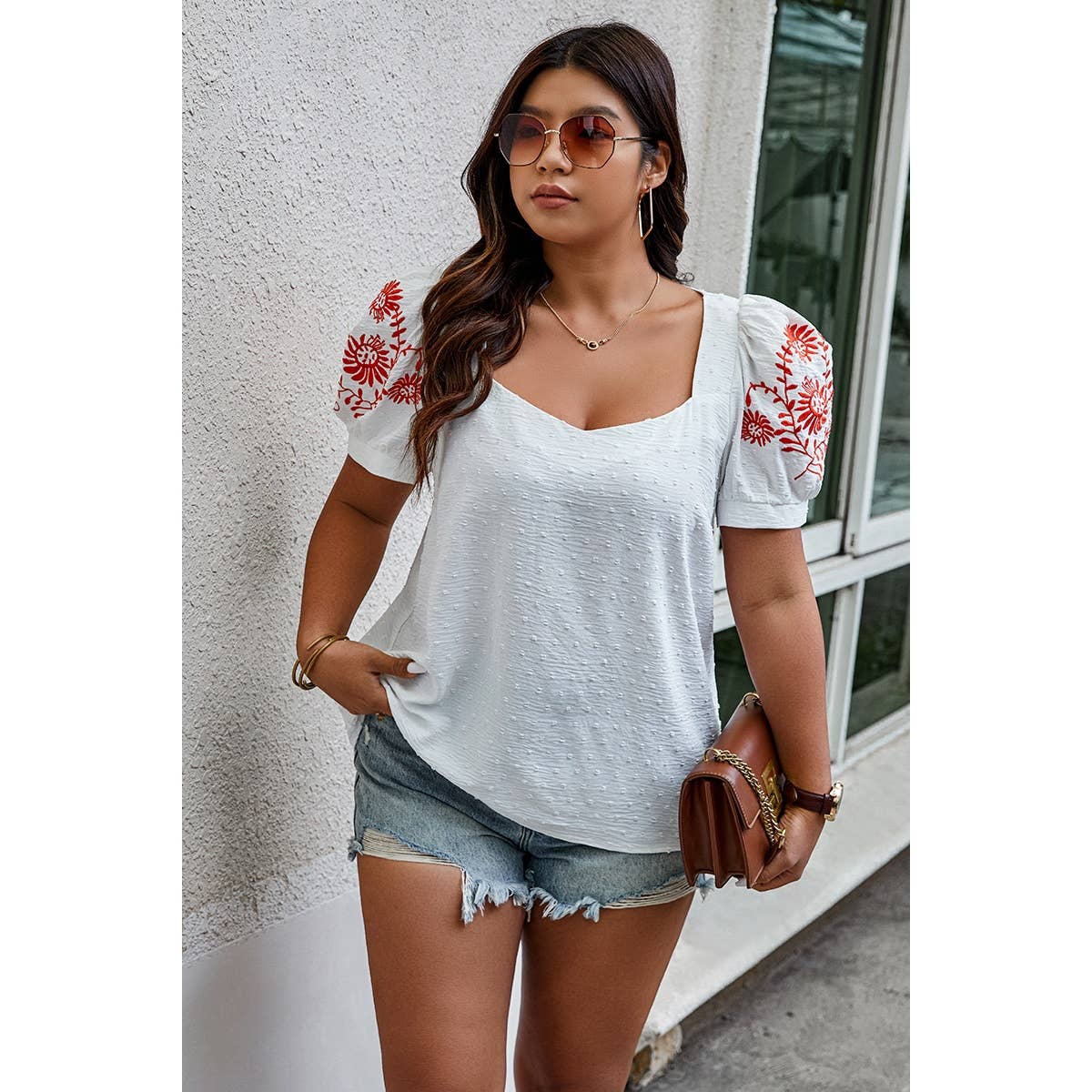 Plus Size Square Neck Floral Puff Sleeve Shirt - MVTFASHION.COM