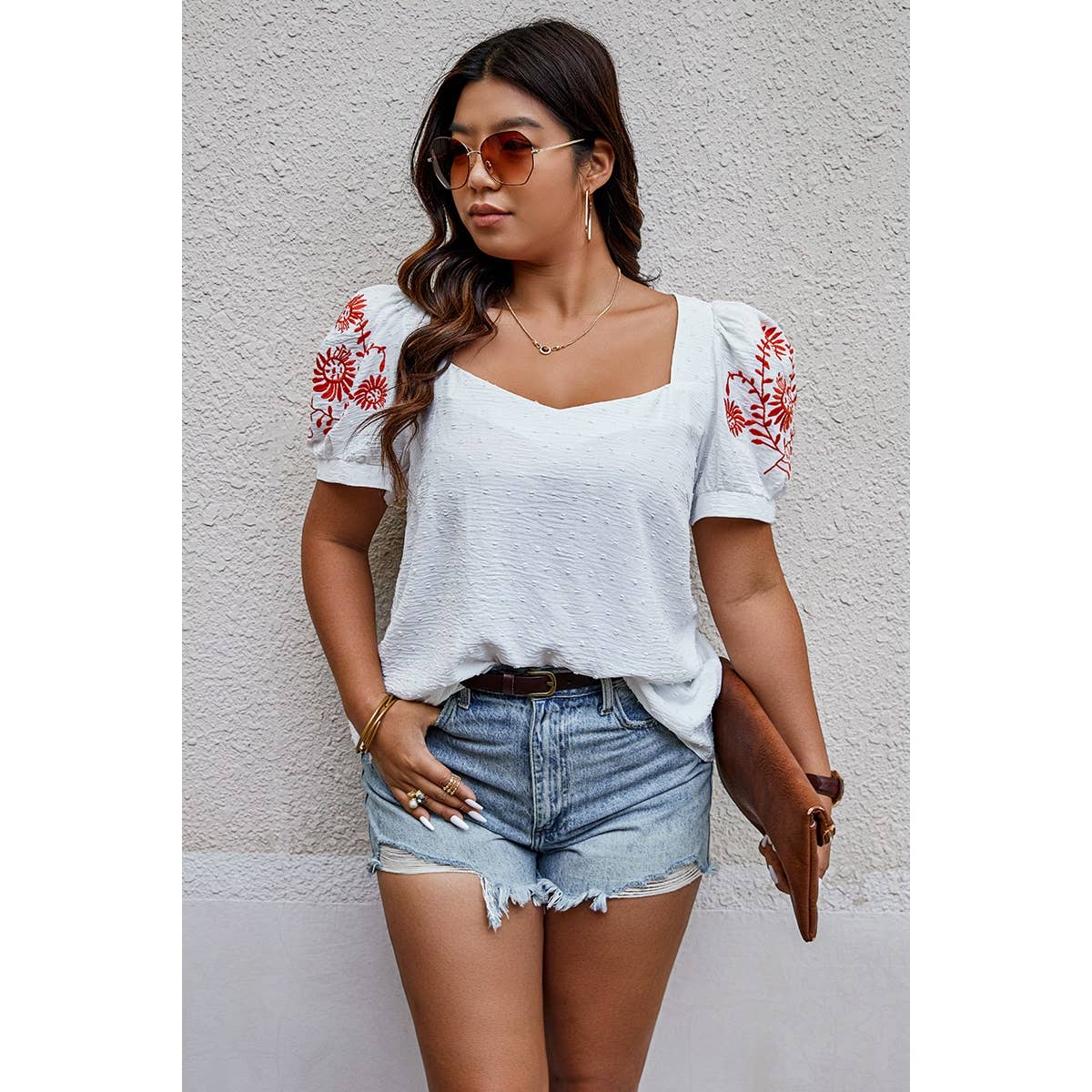 Plus Size Square Neck Floral Puff Sleeve Shirt - MVTFASHION.COM