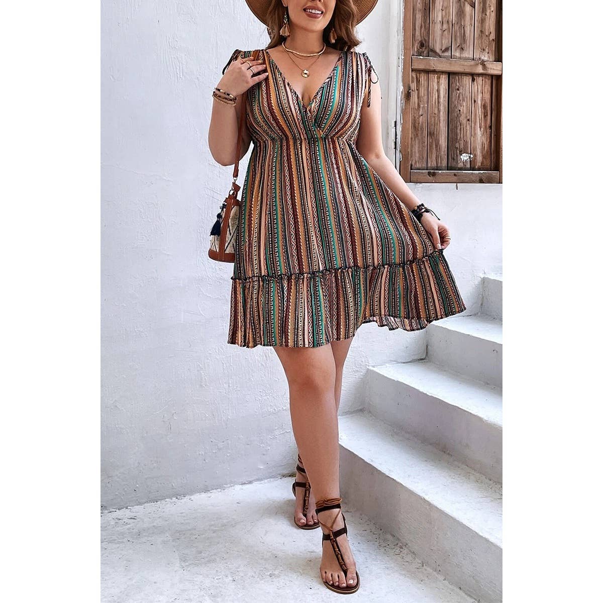 Plus Size Strip Deep V Neck Fit Ruffle Midi Dress - MVTFASHION.COM