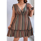 Plus Size Strip Deep V Neck Fit Ruffle Midi Dress - MVTFASHION.COM