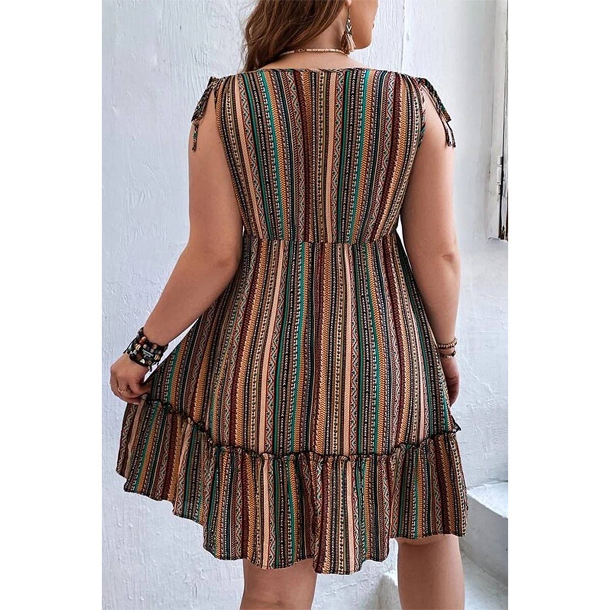 Plus Size Strip Deep V Neck Fit Ruffle Midi Dress - MVTFASHION.COM