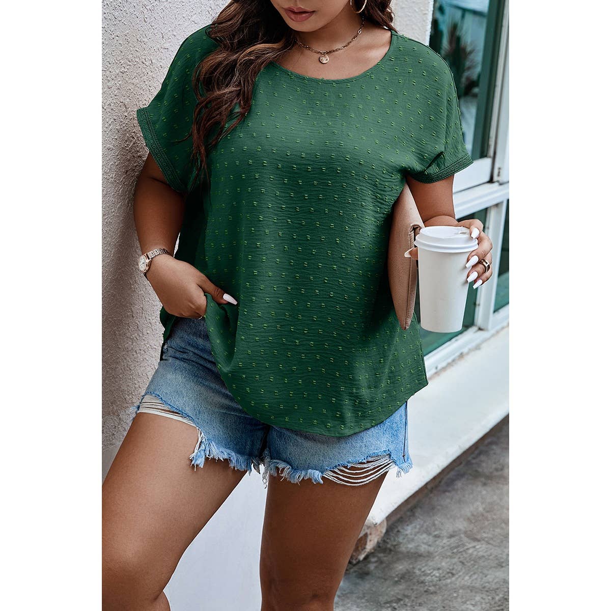 Plus Size Swiss Dot Solid Round Neck Loose Shirt - MVTFASHION.COM