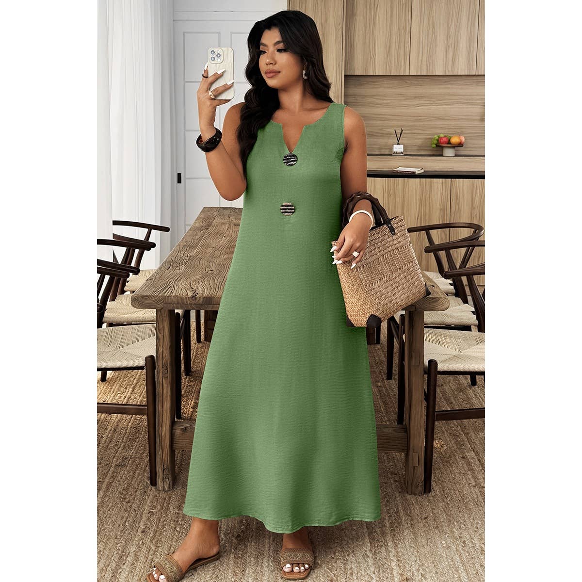 Plus Size V Cut Button Detial A Line Dress - MVTFASHION.COM