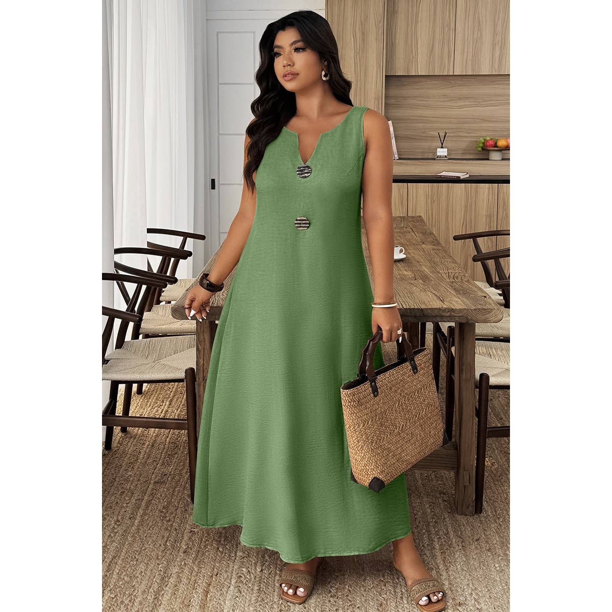 Plus Size V Cut Button Detial A Line Dress - MVTFASHION.COM
