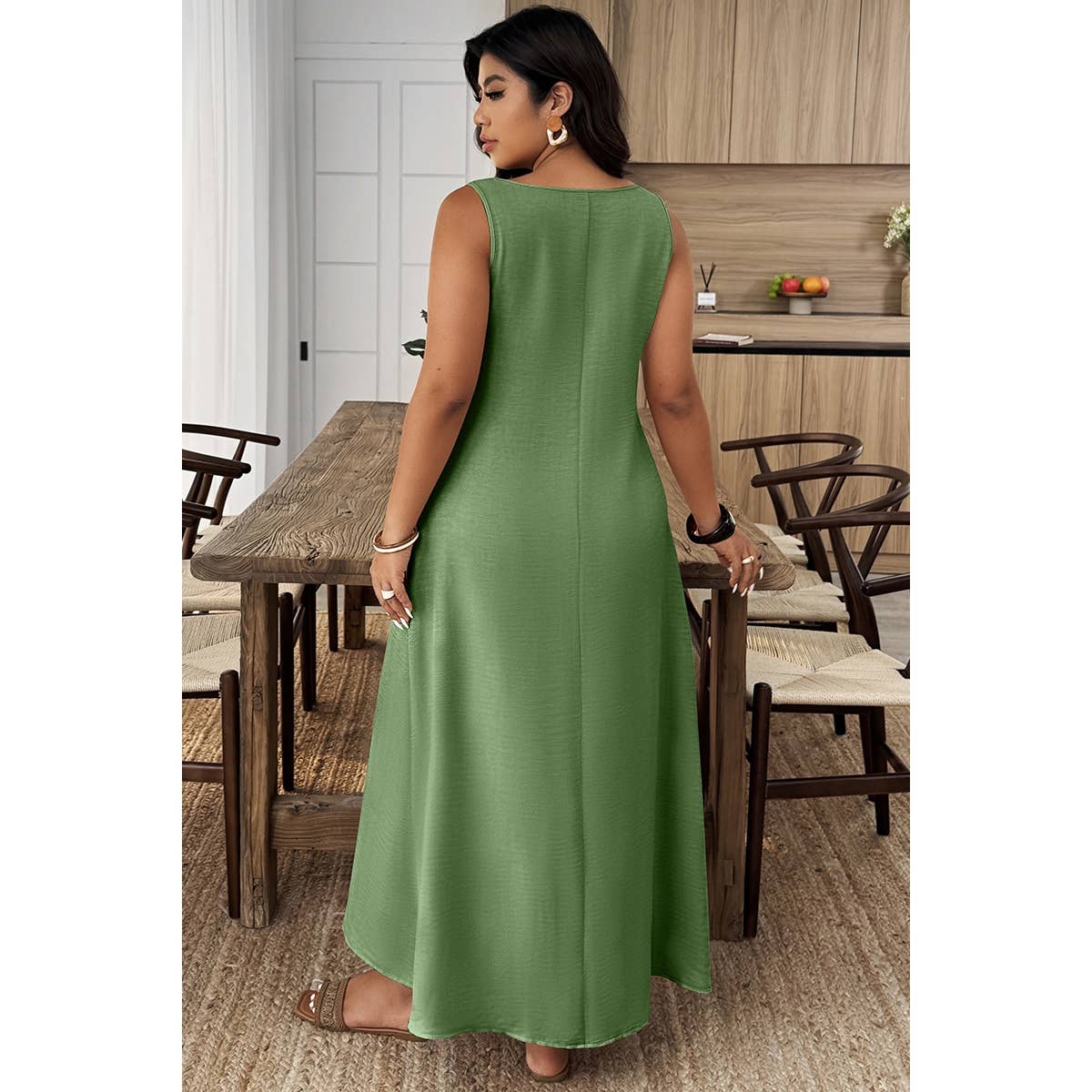 Plus Size V Cut Button Detial A Line Dress - MVTFASHION.COM