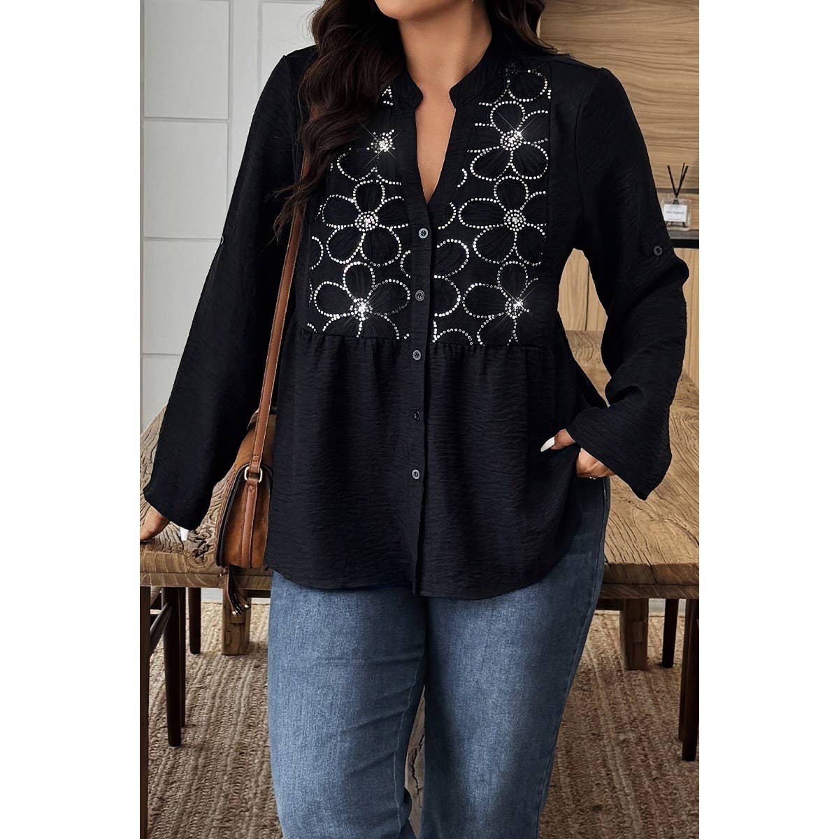 Plus Size V Neck Button Down Long Sleeve Shirts - MVTFASHION.COM