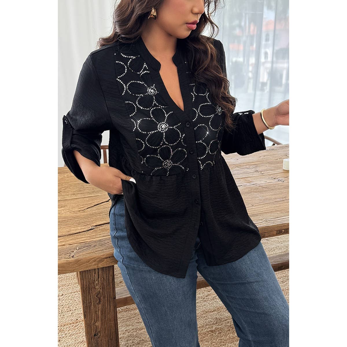 Plus Size V Neck Button Down Long Sleeve Shirts - MVTFASHION.COM