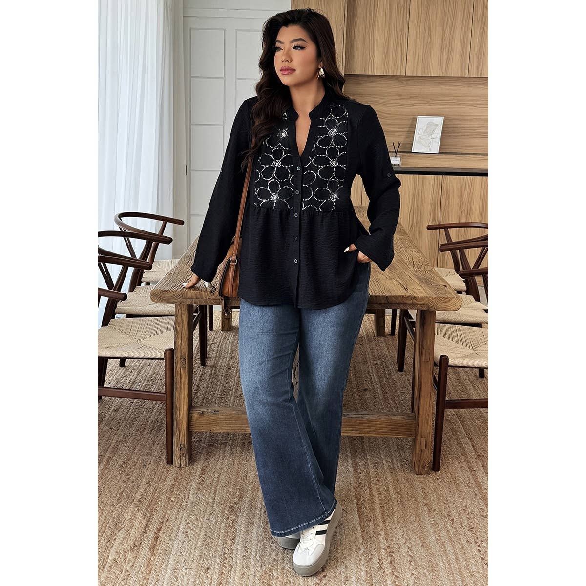 Plus Size V Neck Button Down Long Sleeve Shirts - MVTFASHION.COM