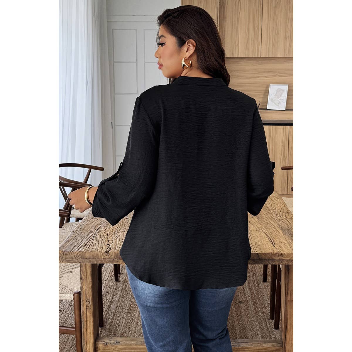 Plus Size V Neck Button Down Long Sleeve Shirts - MVTFASHION.COM
