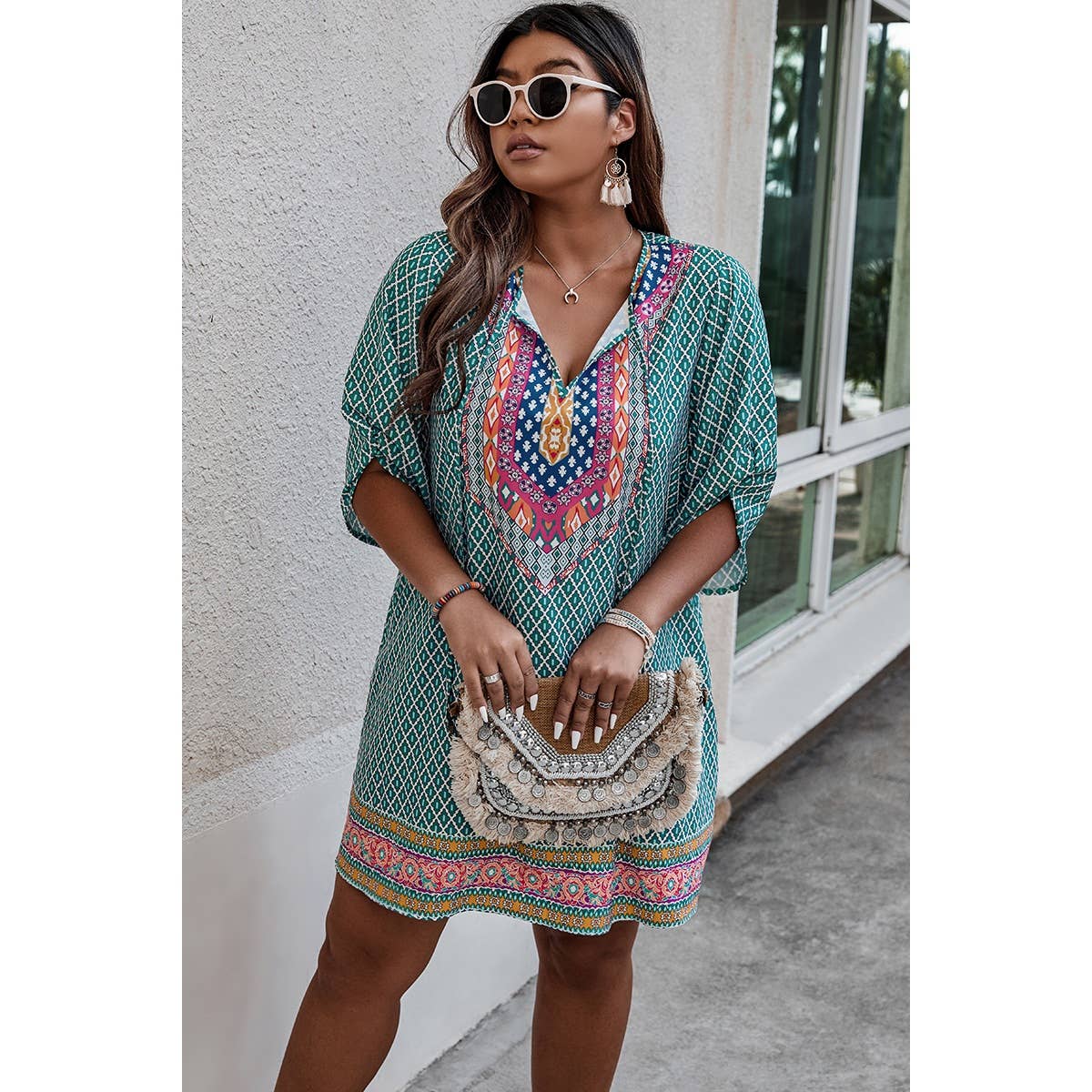 Plus Size V Neck Printed Loose Fit Midi Dress - MVTFASHION.COM