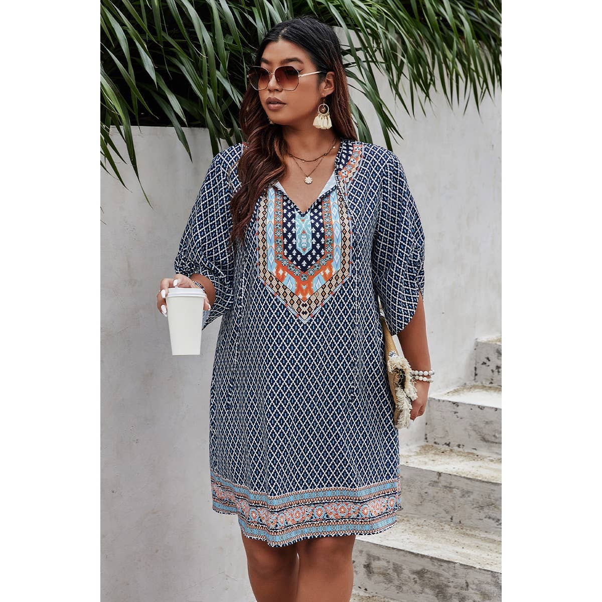 Plus Size V Neck Printed Loose Fit Midi Dress - MVTFASHION.COM