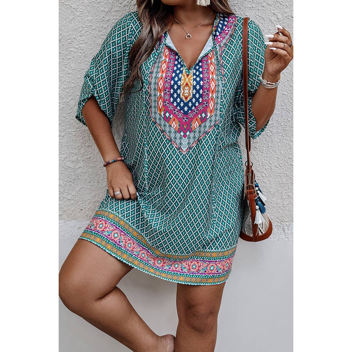 Plus Size V Neck Printed Loose Fit Midi Dress - MVTFASHION.COM