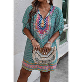 Plus Size V Neck Printed Loose Fit Midi Dress - MVTFASHION.COM