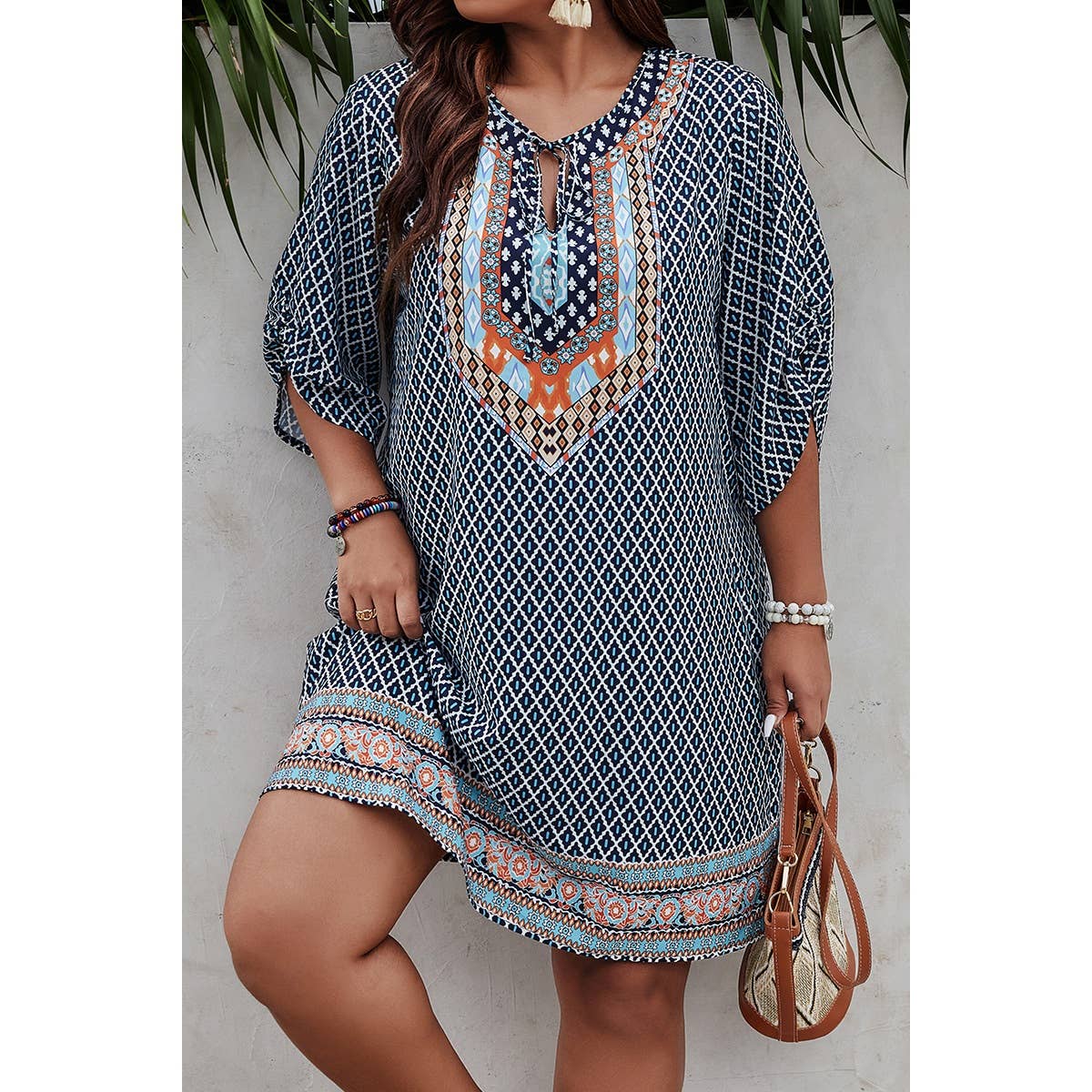 Plus Size V Neck Printed Loose Fit Midi Dress - MVTFASHION.COM