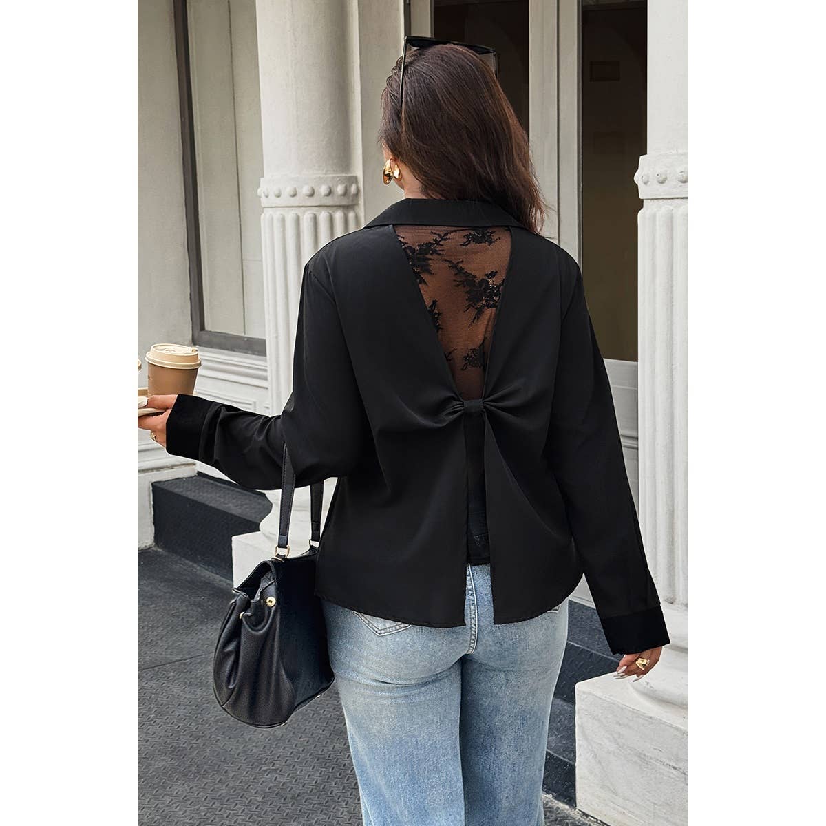 Plus Size V Neck Solid Lace Back Blouse - MVTFASHION.COM