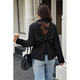 Plus Size V Neck Solid Lace Back Blouse - MVTFASHION.COM