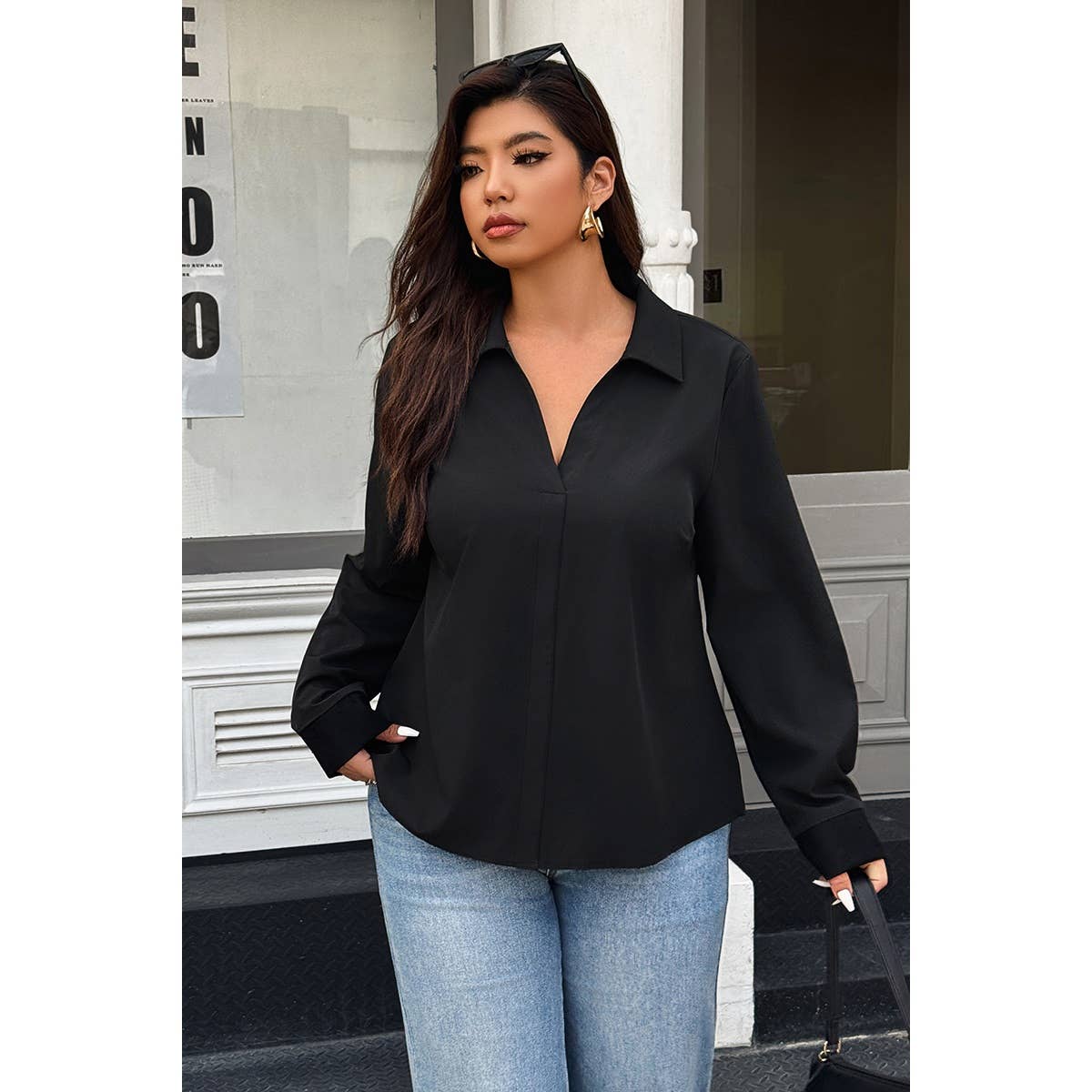 Plus Size V Neck Solid Lace Back Blouse - MVTFASHION.COM