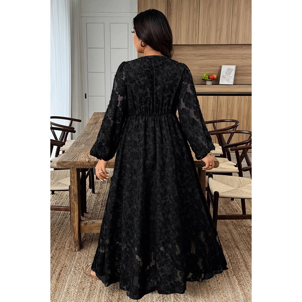Plus Size V Neck Textured Lace Maxi Dress - MVTFASHION.COM