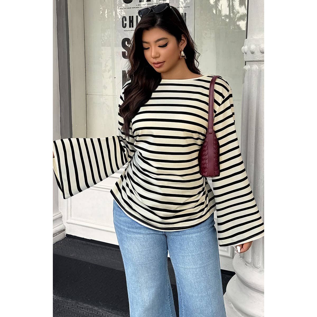 Plus Size Wide Long Sleeves Strip Fit Shirt - MVTFASHION.COM