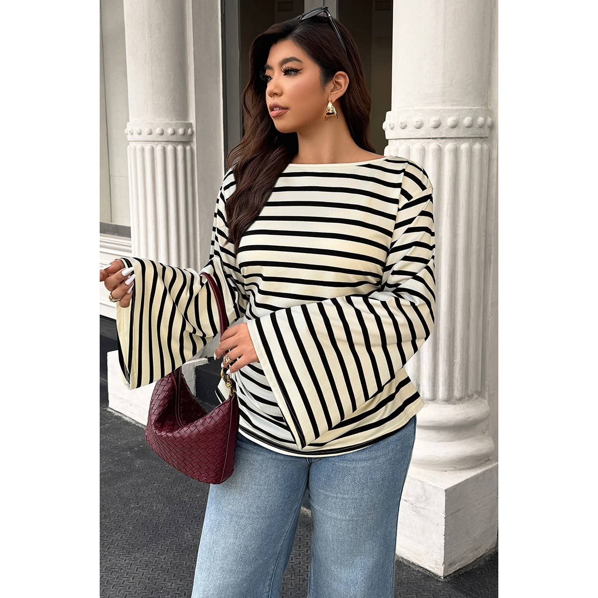 Plus Size Wide Long Sleeves Strip Fit Shirt - MVTFASHION.COM