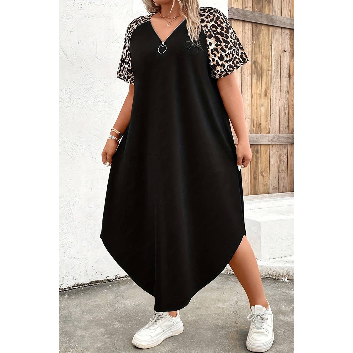 Plus Size Zipper Leopard Print Loose Fit Dress - MVTFASHION.COM