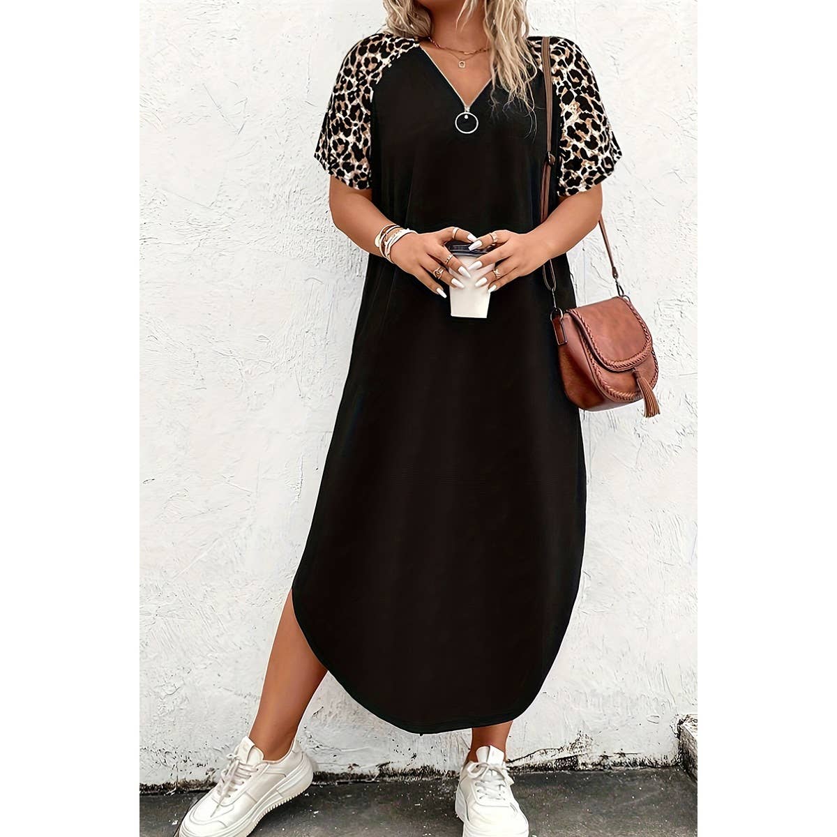 Plus Size Zipper Leopard Print Loose Fit Dress - MVTFASHION.COM