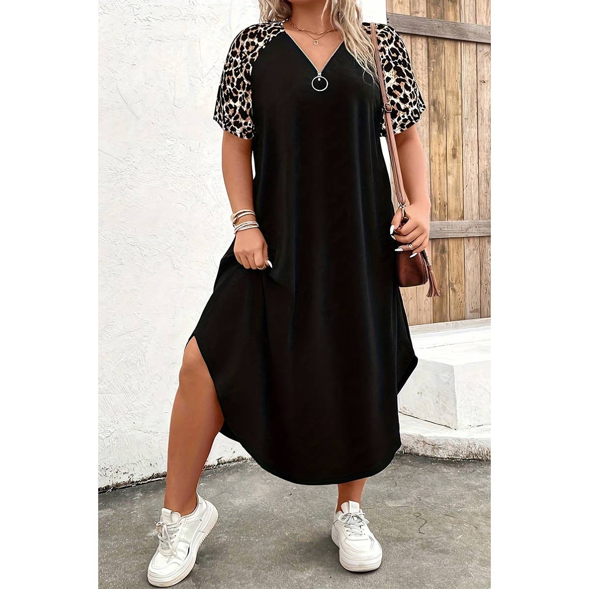 Plus Size Zipper Leopard Print Loose Fit Dress - MVTFASHION.COM