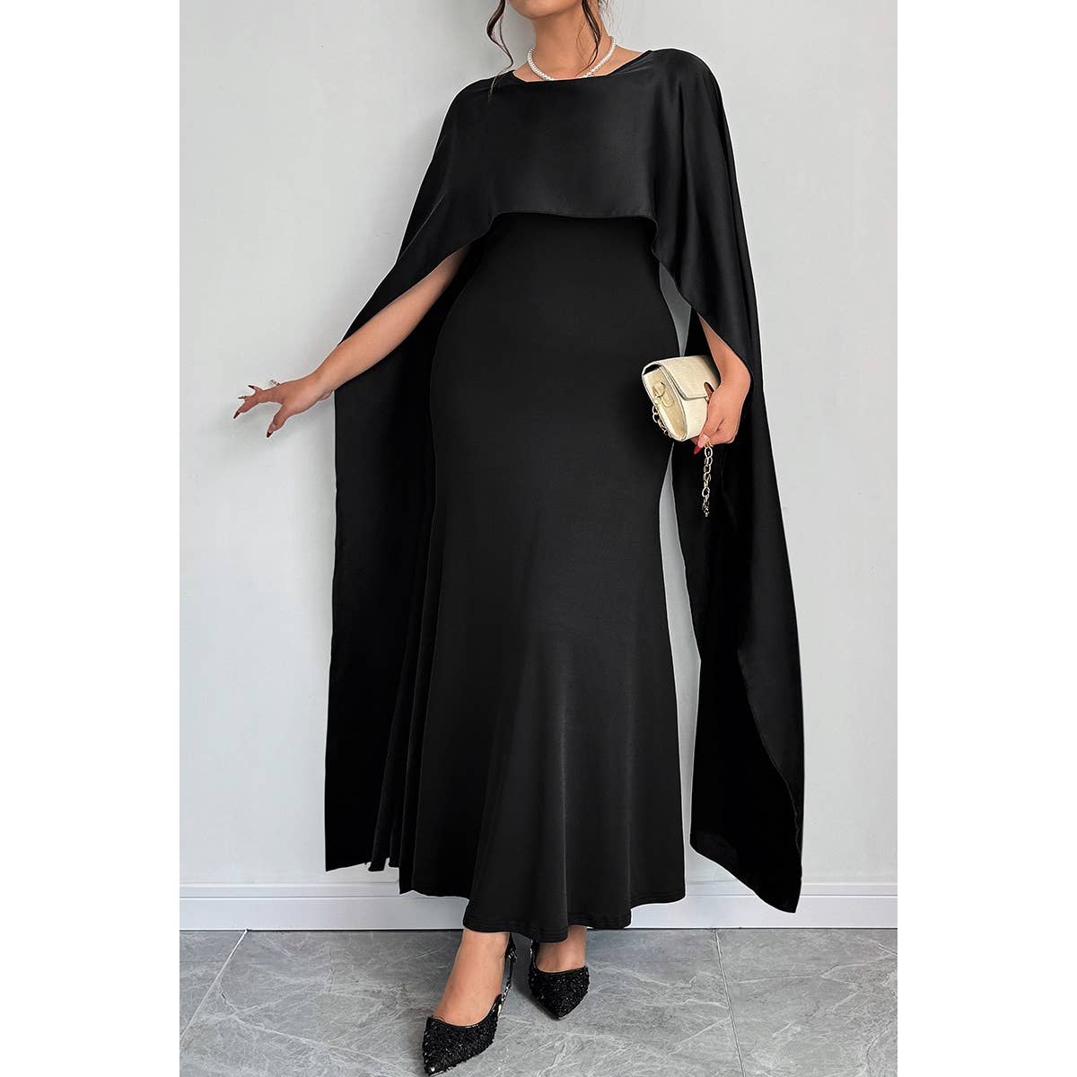 Plus Solid Elegant Long Tight Fitting Shawl Dress - MVTFASHION.COM