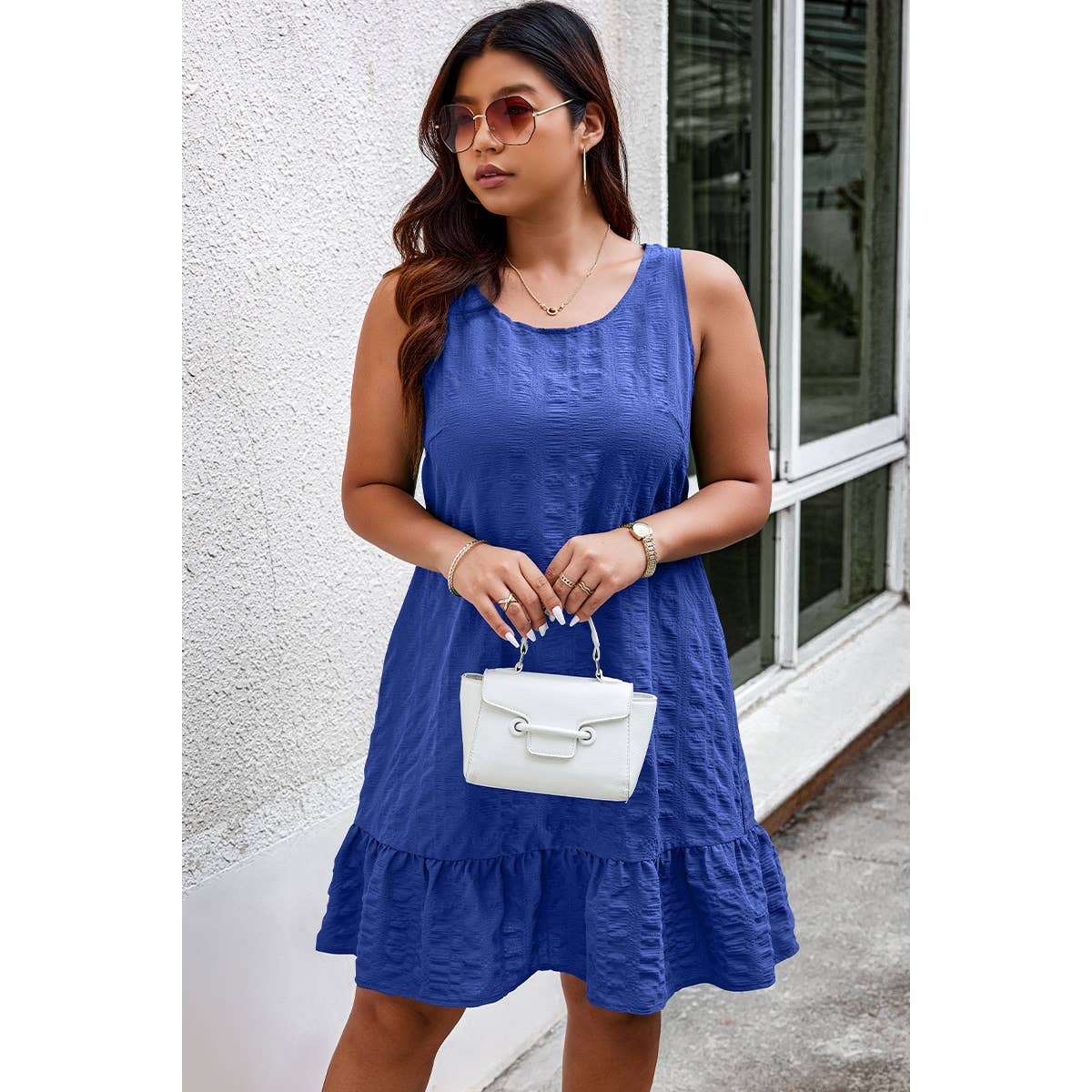 Plus Solid Ruffle Hem Hollow Out Sleeveless Dress - MVTFASHION.COM