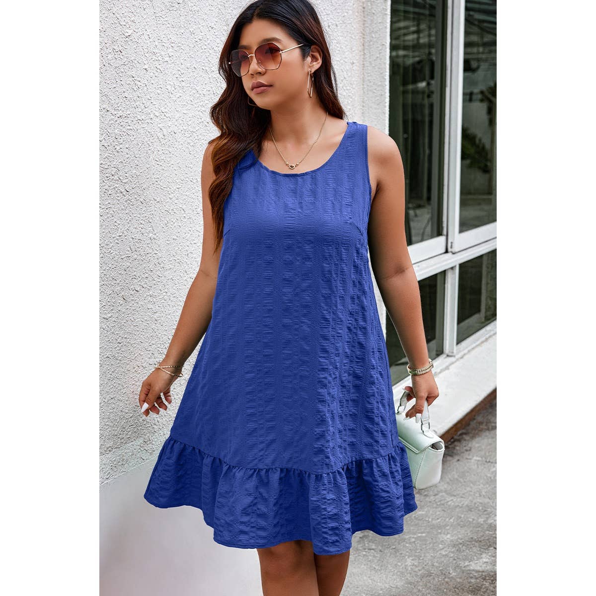 Plus Solid Ruffle Hem Hollow Out Sleeveless Dress - MVTFASHION.COM