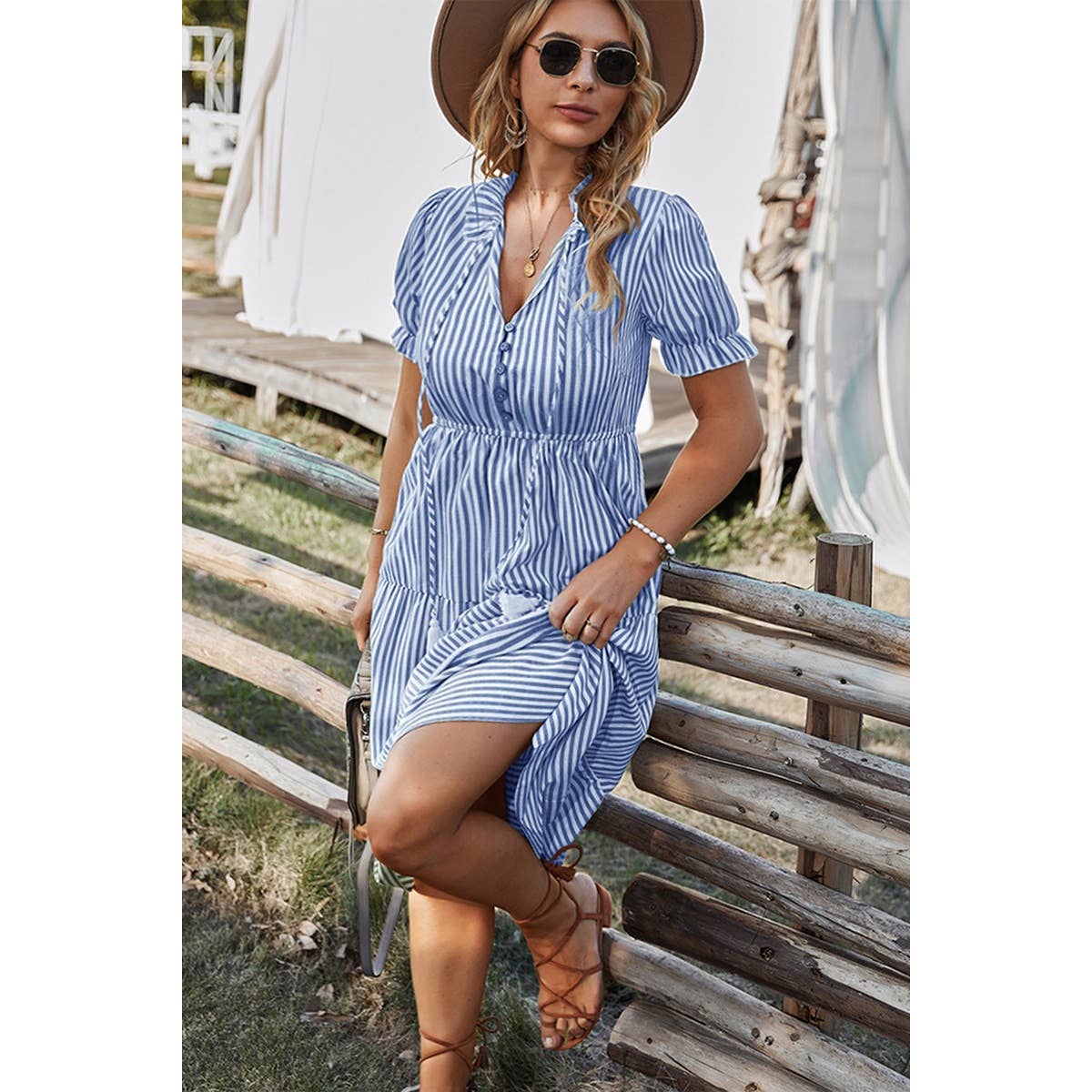 Plus Strip Button Trim Tassel Ruffle Hem Dress - MVTFASHION.COM