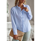 Plus Strip Ruffle Trim Button Up Loose Blouse - MVTFASHION.COM