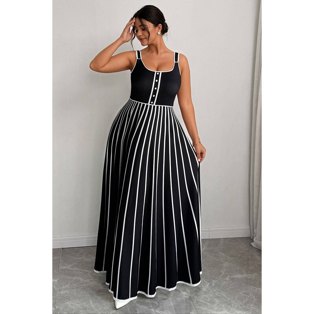 Plus Striped Print Color Block Sleeveless Dress - MVTFASHION.COM