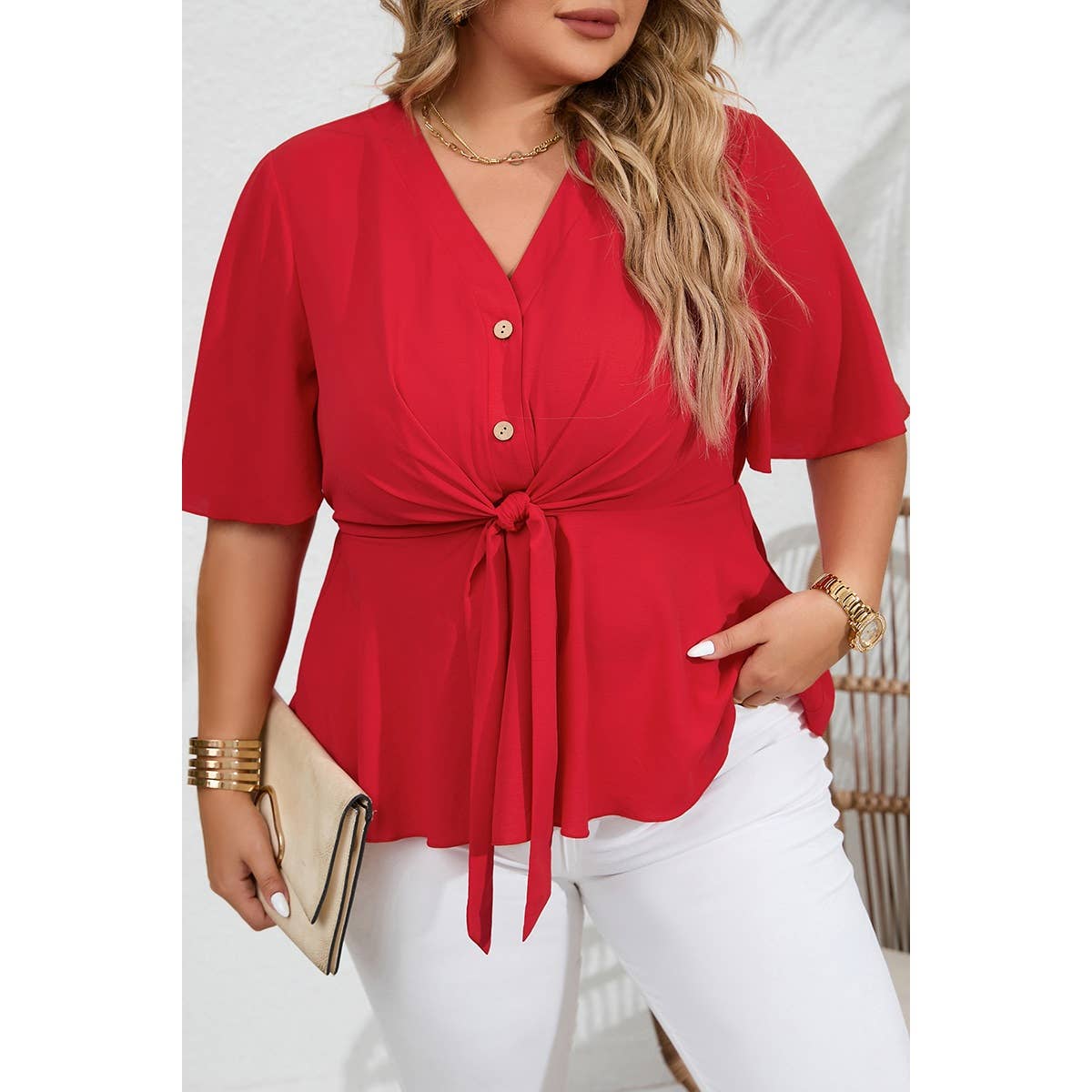 Plus Tie Front Half Button V Neck Solid Blouse - MVTFASHION.COM