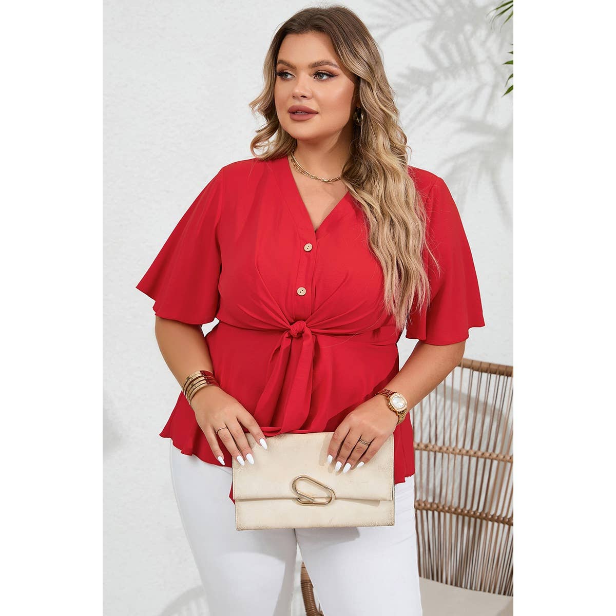 Plus Tie Front Half Button V Neck Solid Blouse - MVTFASHION.COM